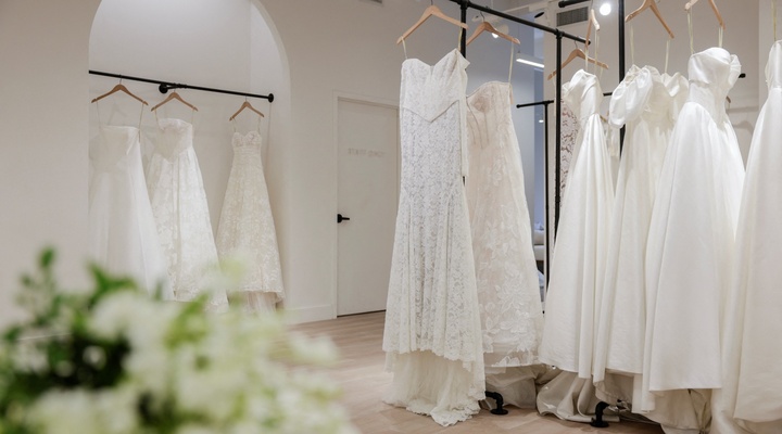 Wedding dresses on display.
