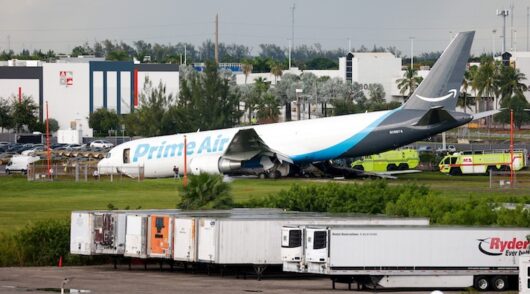 A view of an Amazon Prime Air cargo plane