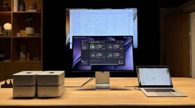 Apple Mac Studio computers run a demonstration of a large AI model at one of the company's facilities in Silicon Valley
