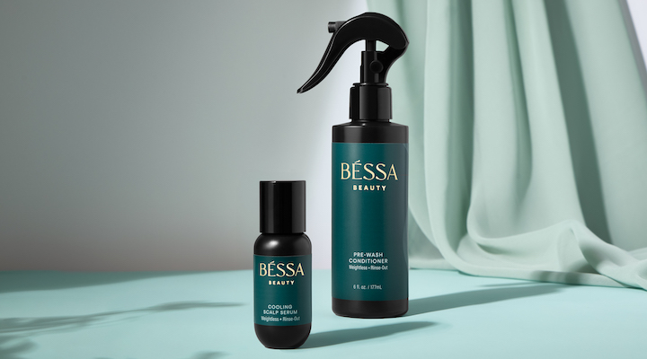 Béssa Beauty’s Cooling Scalp Serum and Pre-Wash Conditioner placed against a mint green background.
