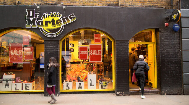 An exterior shot of a Dr. Martens store in London, England.