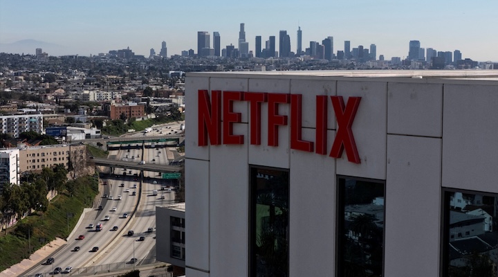 A drone view shows the Netflix logo on one of the company's buildings in the Hollywood neighborhood in Los Angeles
