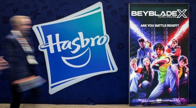 Hasbro signage is displayed during the New York Toy Fair in New York City