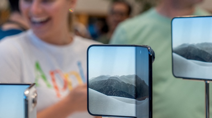 Apple's new foldable iPhone Duo is displayed on the launch day at the Apple store in Austin